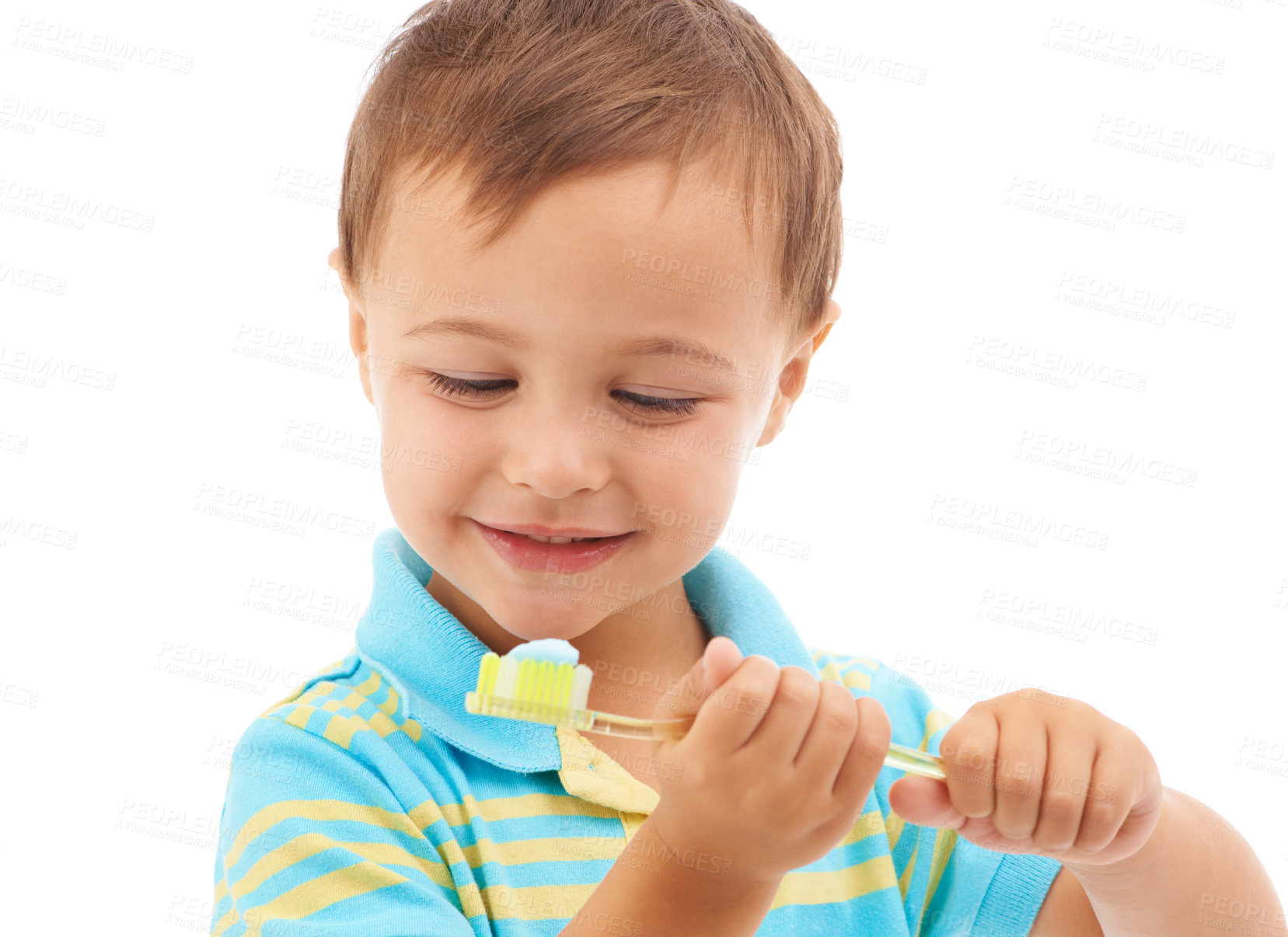 Buy stock photo Boy child, toothpaste and toothbrush in studio with smile for health, cleaning and hygiene by white background. Kid, thinking and happy for choice, learning and brushing teeth for dental wellness