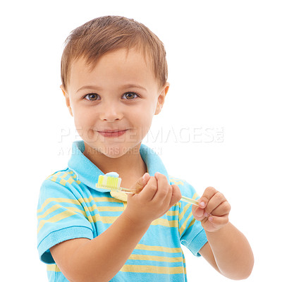 Buy stock photo Boy kid, toothpaste and toothbrush for portrait in studio with smile for health, clean or hygiene by white background. Child, happy and learning for brushing teeth, choice or dental wellness routine