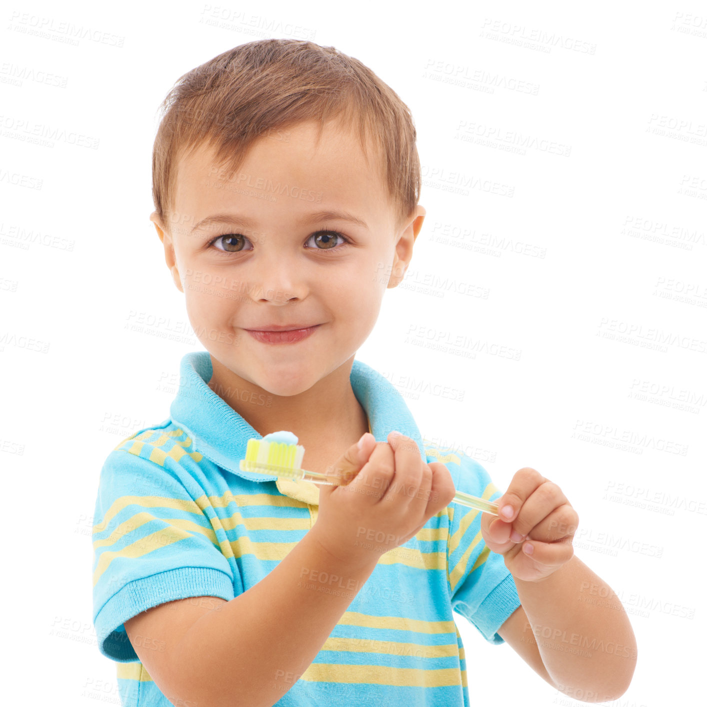 Buy stock photo Boy kid, toothpaste and toothbrush for portrait in studio with smile for health, clean or hygiene by white background. Child, happy and learning for brushing teeth, choice or dental wellness routine