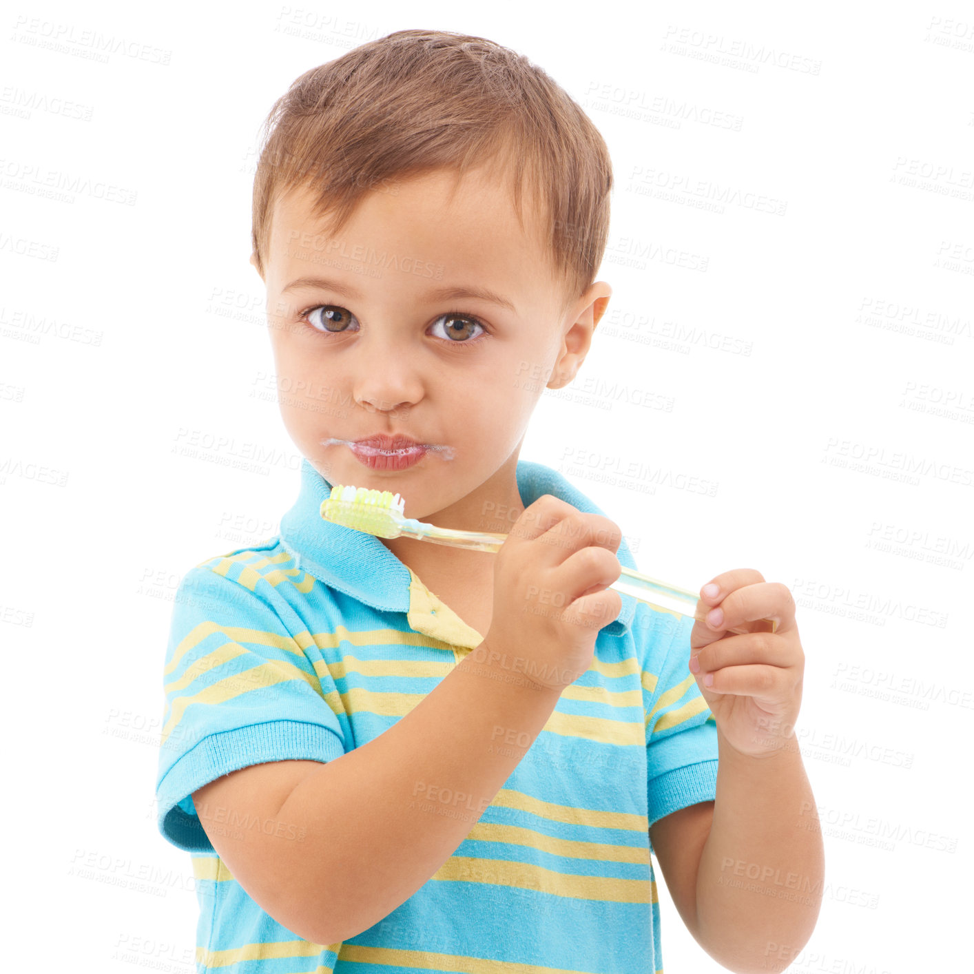 Buy stock photo Portrait, boy and kid brushing teeth in studio for hygiene, learning healthy oral habits and care on white background. Young child, toothbrush and toothpaste for dental cleaning, fresh breath or gums