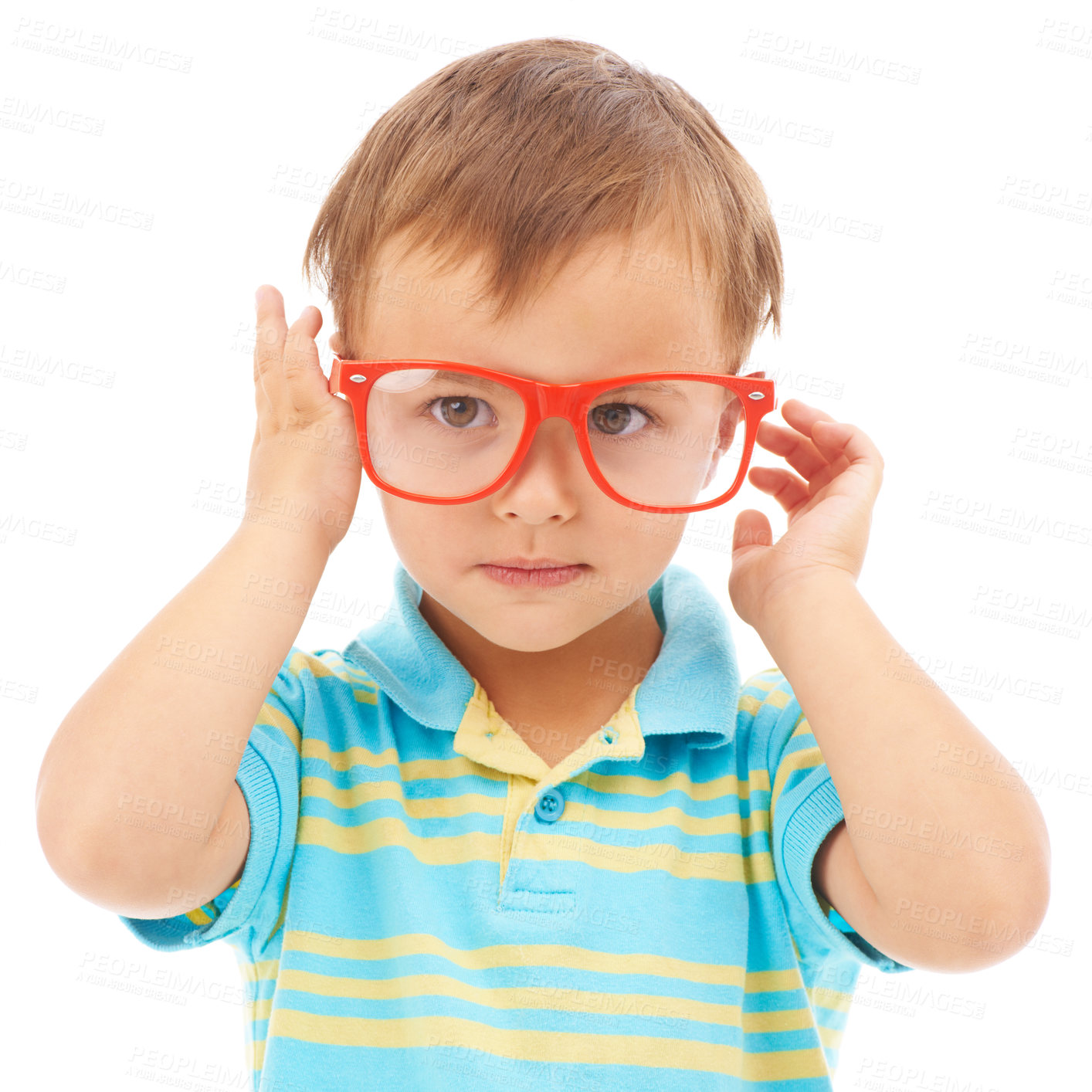 Buy stock photo Child, boy and cool frames or glasses in studio, eyes and vision support by white background. Male person, kid and ophthalmology for eyecare, red spectacles and stylish fashion by backdrop for fun