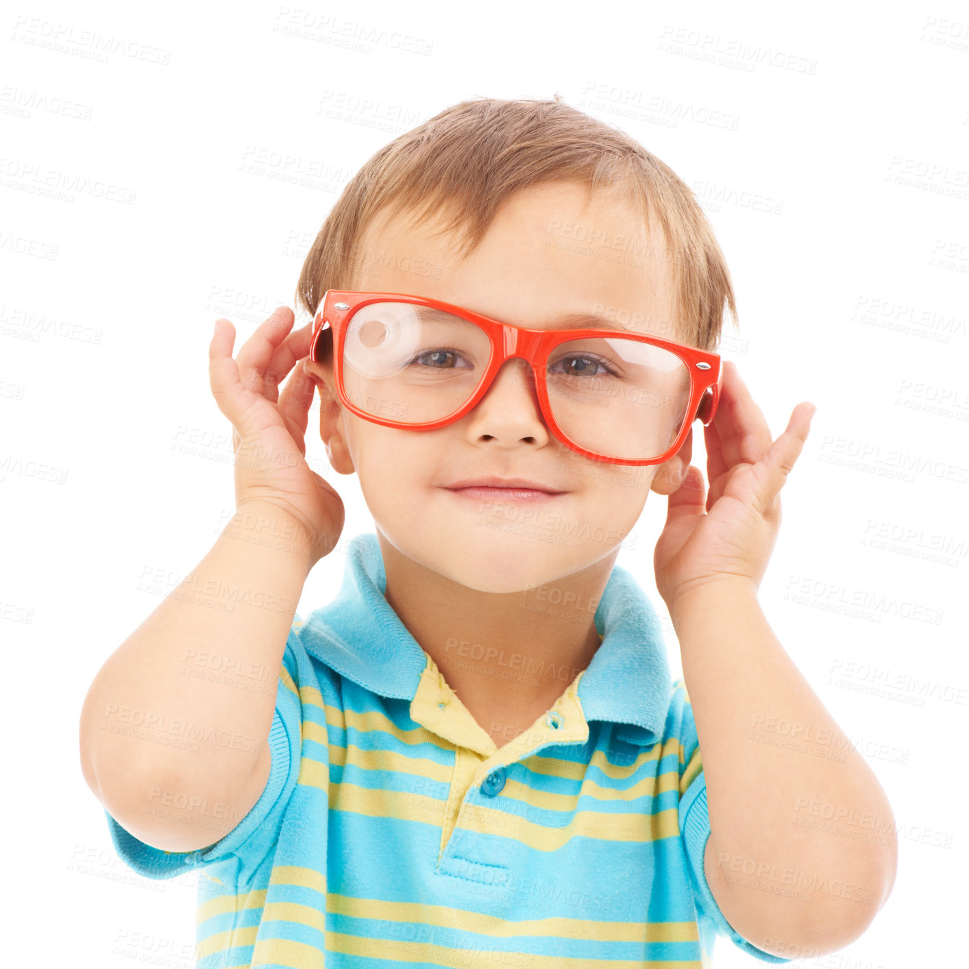 Buy stock photo Child, boy and frames or glasses in studio, eyes and vision support by white background. Male person, kid and ophthalmology for eyecare, red spectacles and stylish fashion by backdrop for wellness