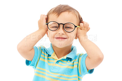 Buy stock photo Child, boy and glasses in studio portrait, eyes and vision support by white background. Happy male person, kid and ophthalmology for eyecare or sight, spectacles and stylish fashion or cool frame