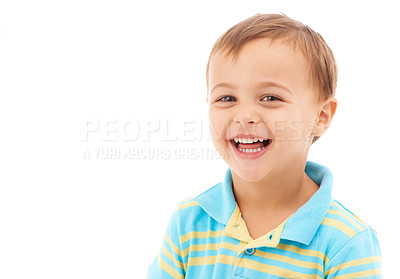 Buy stock photo Child, laugh and portrait of boy in studio, white background and funny in mockup space. Kid, face and smile with wellness, confidence and pride to start kindergarten with trendy style and outfit