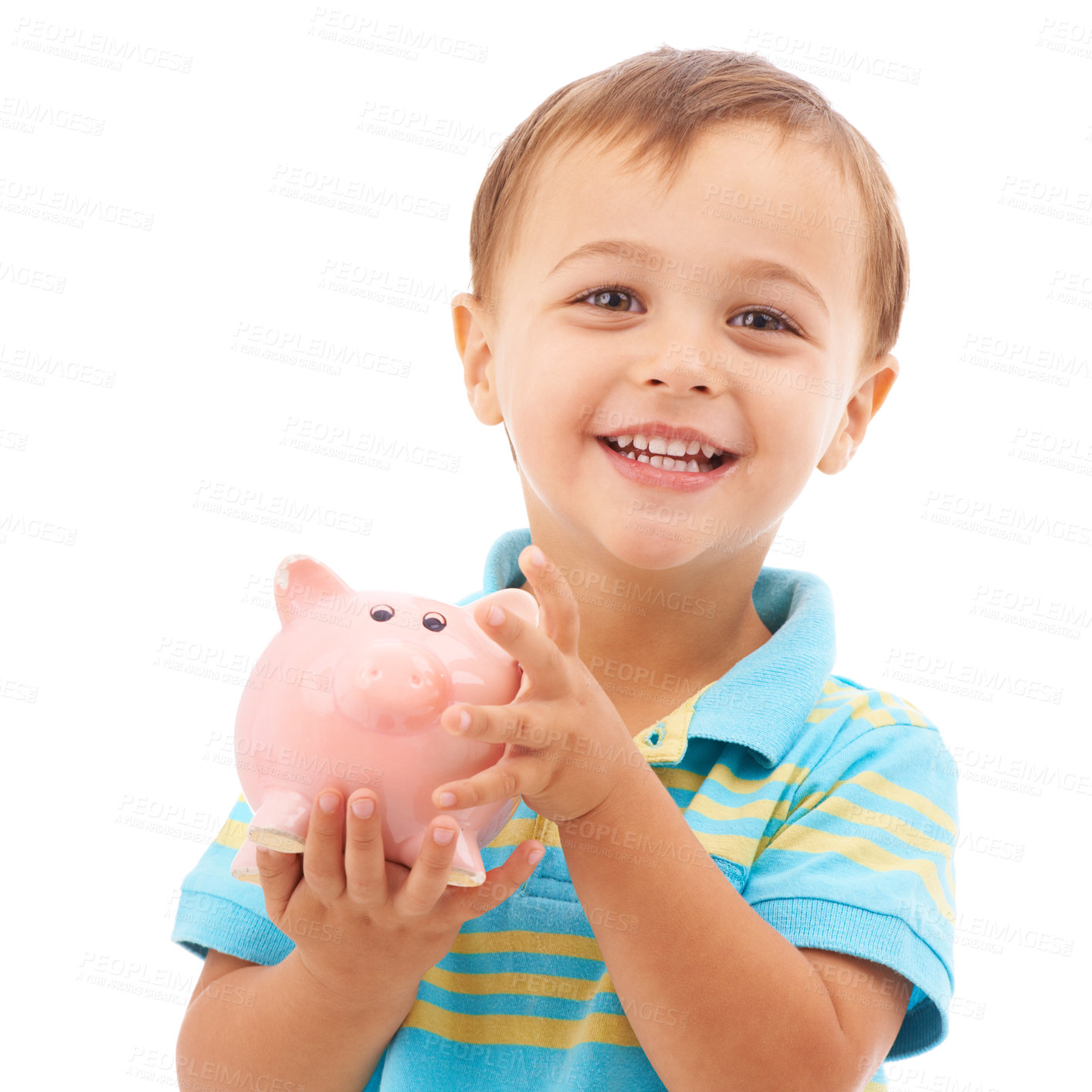 Buy stock photo Kid, boy and piggy bank for change, portrait and smiling in studio by white background. Happy male person, child and money box for future, investing and cash growth in container, savings and security