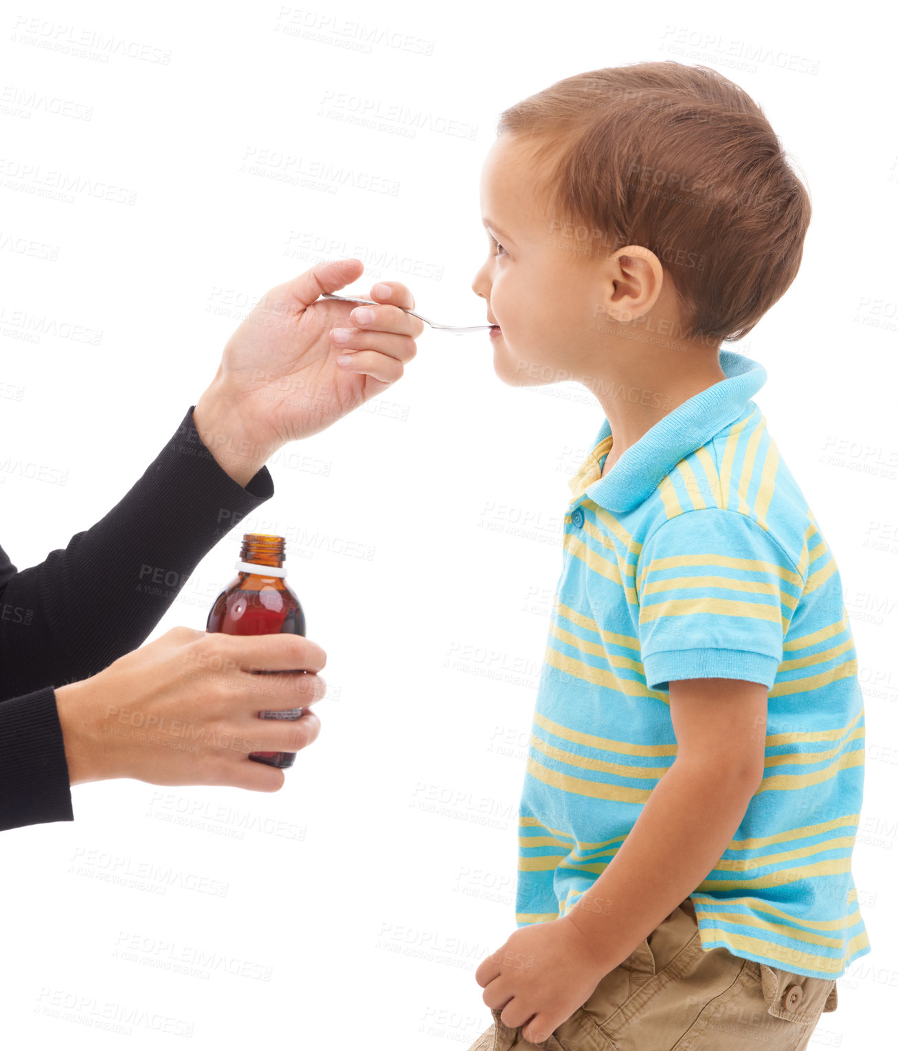 Buy stock photo Hands, medicine and spoon for child in studio, care and thinking with drinking by white background. Kid, mother and bottle for healthcare, pharmaceutical product and helping sick boy in profile