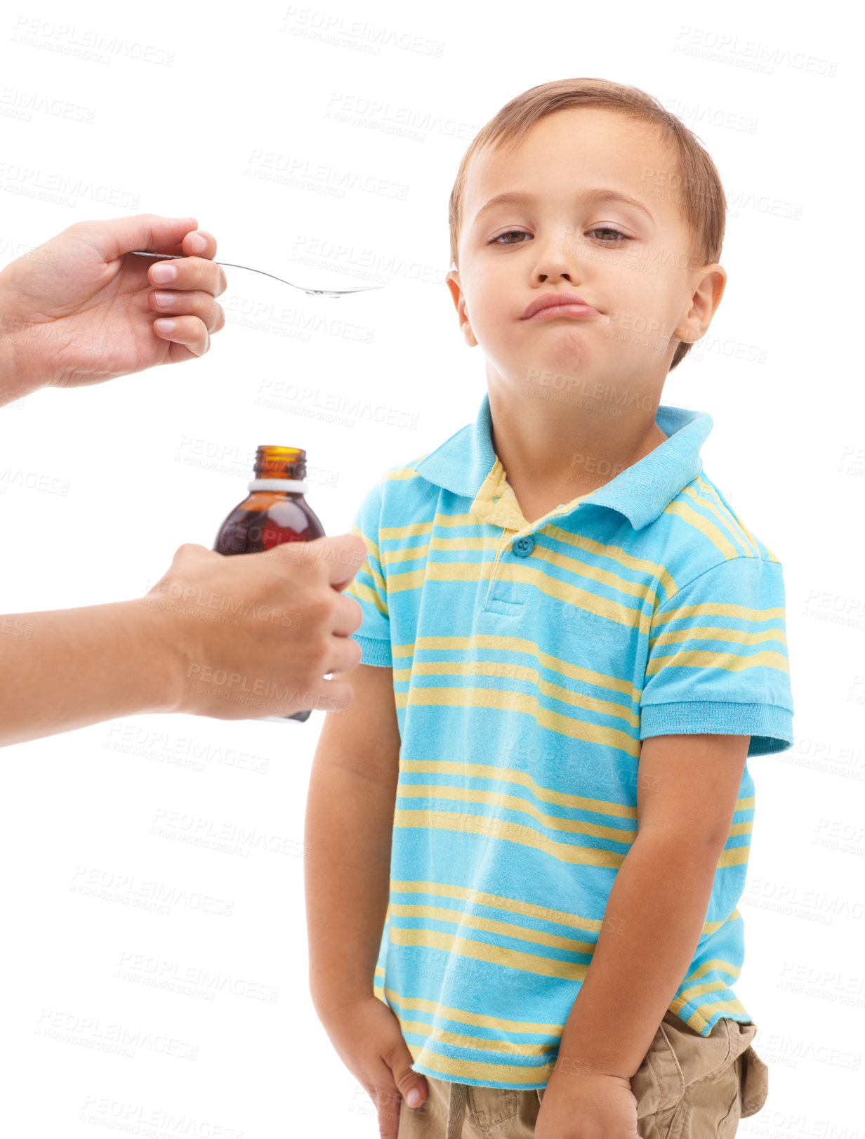 Buy stock photo Hands, medicine bottle and spoon for kid in studio, health or portrait with fluid by white background. Boy, mother and liquid for healthcare, pharmaceutical product or helping sick child for wellness