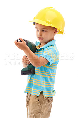 Buy stock photo Child, construction worker and play development or hat for handyman, safety or drill. Boy, diy costume and studio white background as mockup space for future ambition for kid fun,  engineer or build