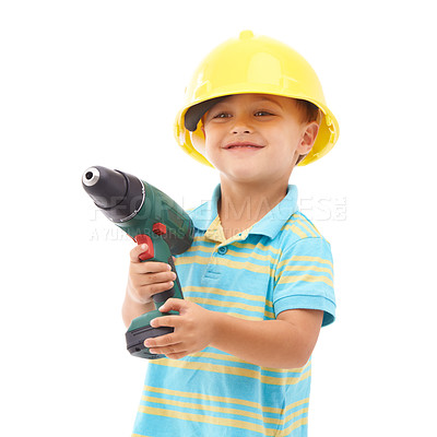 Buy stock photo Child, construction and hat or tools for play development or handyman, safety or drill. Boy, diy costume and studio white background as mockup space for future ambition or kid fun,  engineer or build