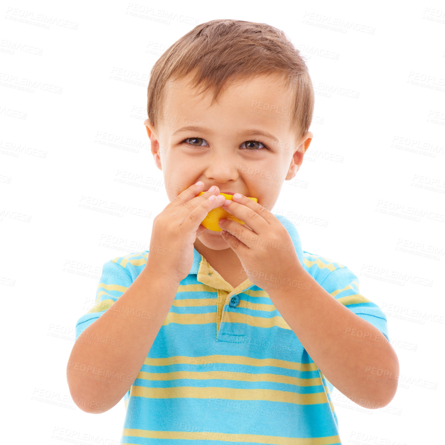 Buy stock photo Child, eating and portrait with lemon or fruit in white background, studio and mockup space. Sour, slice and kid with healthy food, nutrition and citrus in diet for wellness and vitamin c benefits