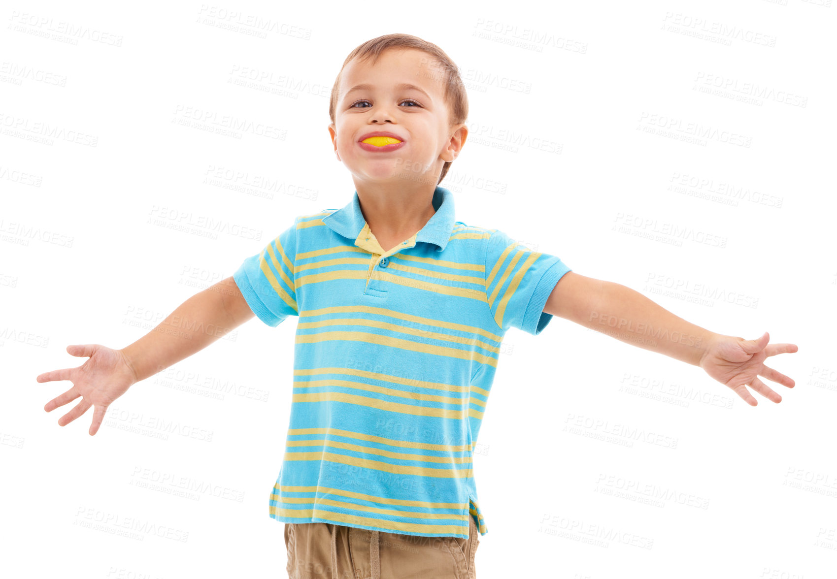 Buy stock photo Child, smile and portrait with orange in mouth in white background, studio and mockup space. Fruit, slice and kid with healthy food, nutrition and citrus in diet for wellness and vitamin c benefits