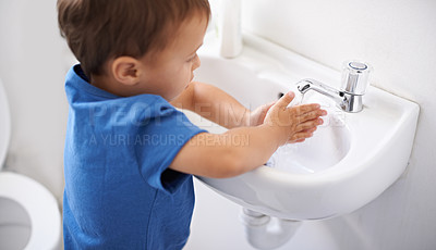 Buy stock photo Child, boy and water for washing hands in bathroom, hygiene and prevention of germs or bacteria at home. Male person, kid and learning at basin or cleaning and sanitary, liquid soap and disinfection