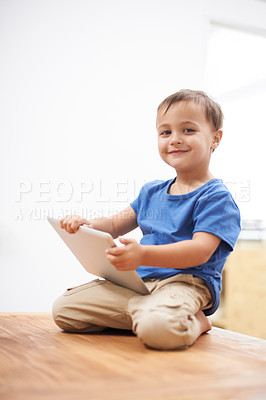 Buy stock photo Boy, tablet and portrait with games, kid and internet with network, connection and home. Child development, apartment and technology with online educational activity, face or digital app for learning