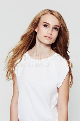 Buy stock photo Woman, hair and fashion in studio, beauty and pride for stylish outfit by white background. Female model person, cosmetics and aesthetic makeup, confidence and care in cool clothing or hairstyle