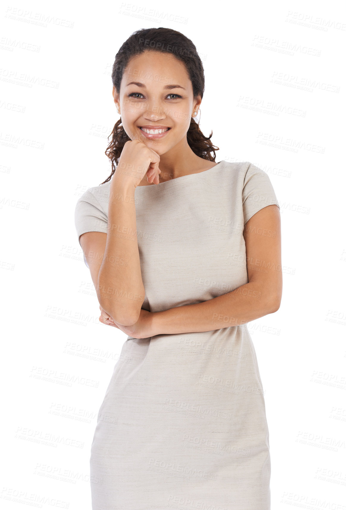 Buy stock photo Portrait, business and black woman smile on studio, isolated white background and success in Atlanta. Happy female model, entrepreneur and worker with motivation, happiness and trust in management 