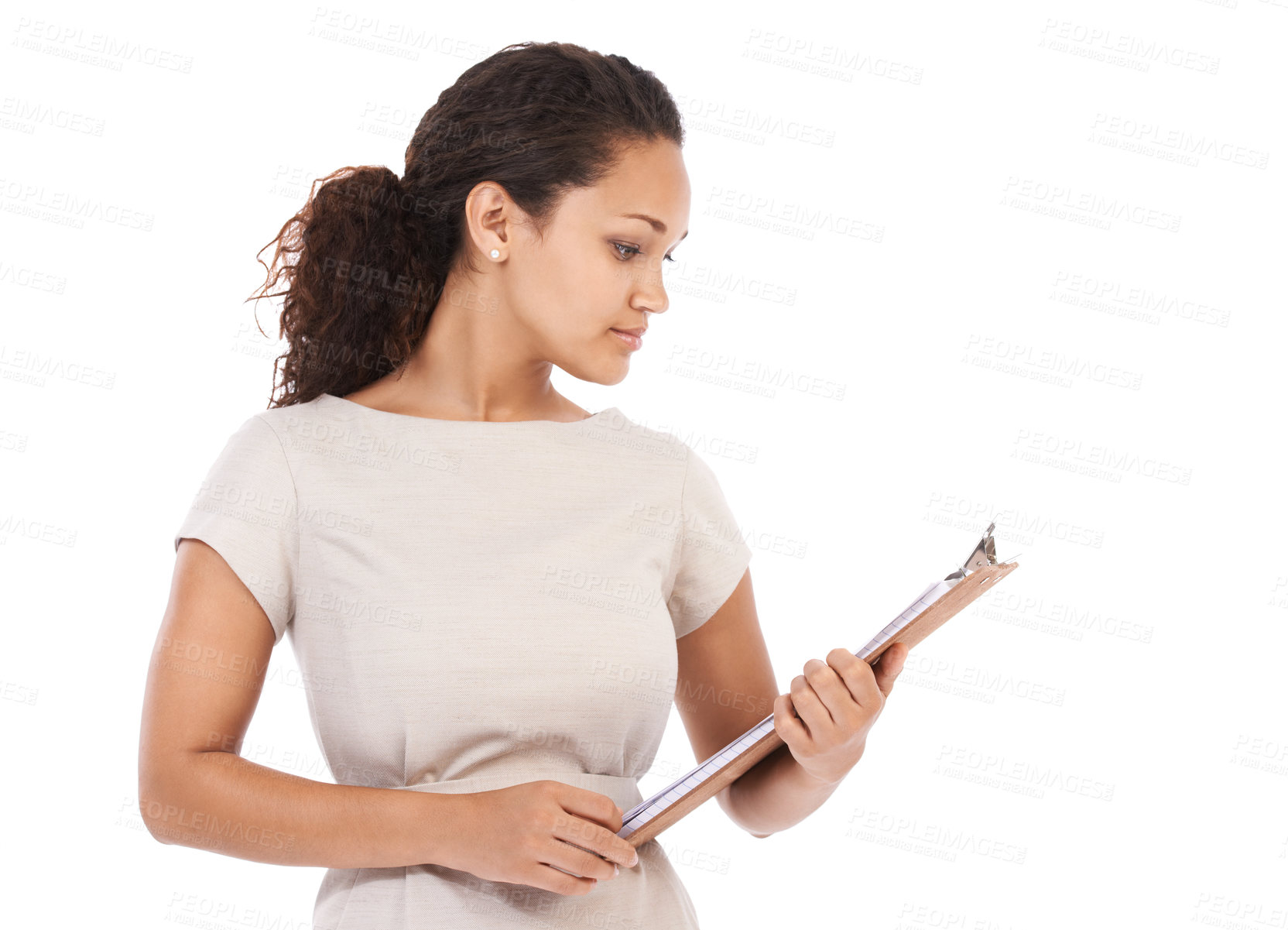 Buy stock photo Business, reading and portrait of woman with clipboard survey, checklist or report with mock up. Management, schedule or inventory list for small business orders and black woman on white background.