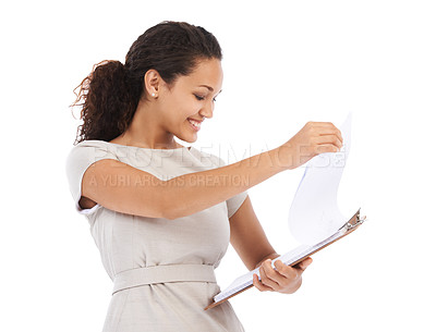 Buy stock photo Business, checklist and black woman with smile, clipboard survey or report on white background. Management, schedule data and happy small business woman receptionist checking inventory list in studio