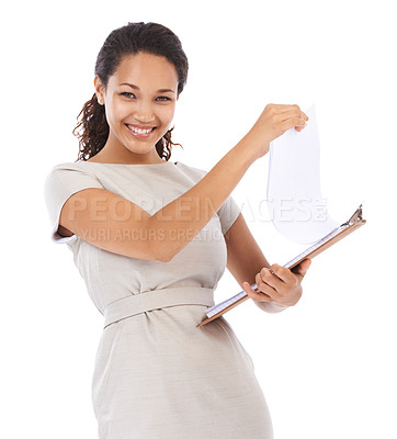 Buy stock photo Business, checklist and portrait of woman with clipboard survey or report and smile on face. Management, schedule or inventory list for small business orders and happy black woman on white background