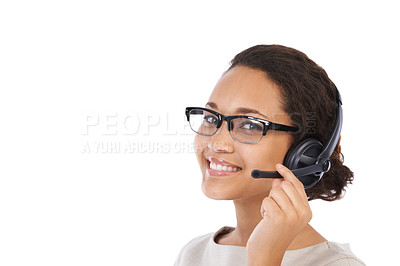 Buy stock photo Black woman, studio headshot and call center headphones with smile, communication and white background. Isolated crm consultant, contact us and woman for customer support, microphone and success