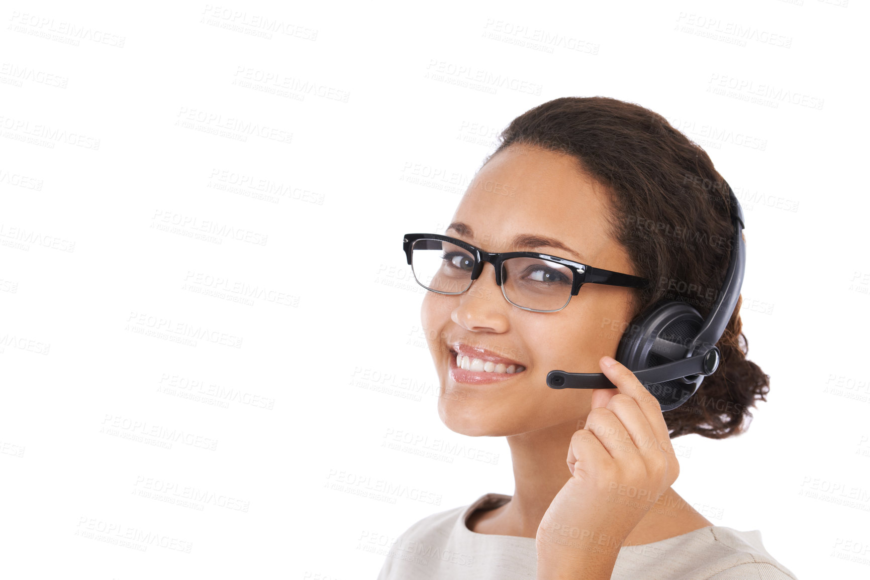 Buy stock photo Black woman, studio headshot and call center headphones with smile, communication and white background. Isolated crm consultant, contact us and woman for customer support, microphone and success