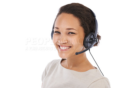 Buy stock photo Crm, customer service and black woman portrait for contact us call center with a happy smile. White background, isolated studio and woman employee with headset ready for customer support work