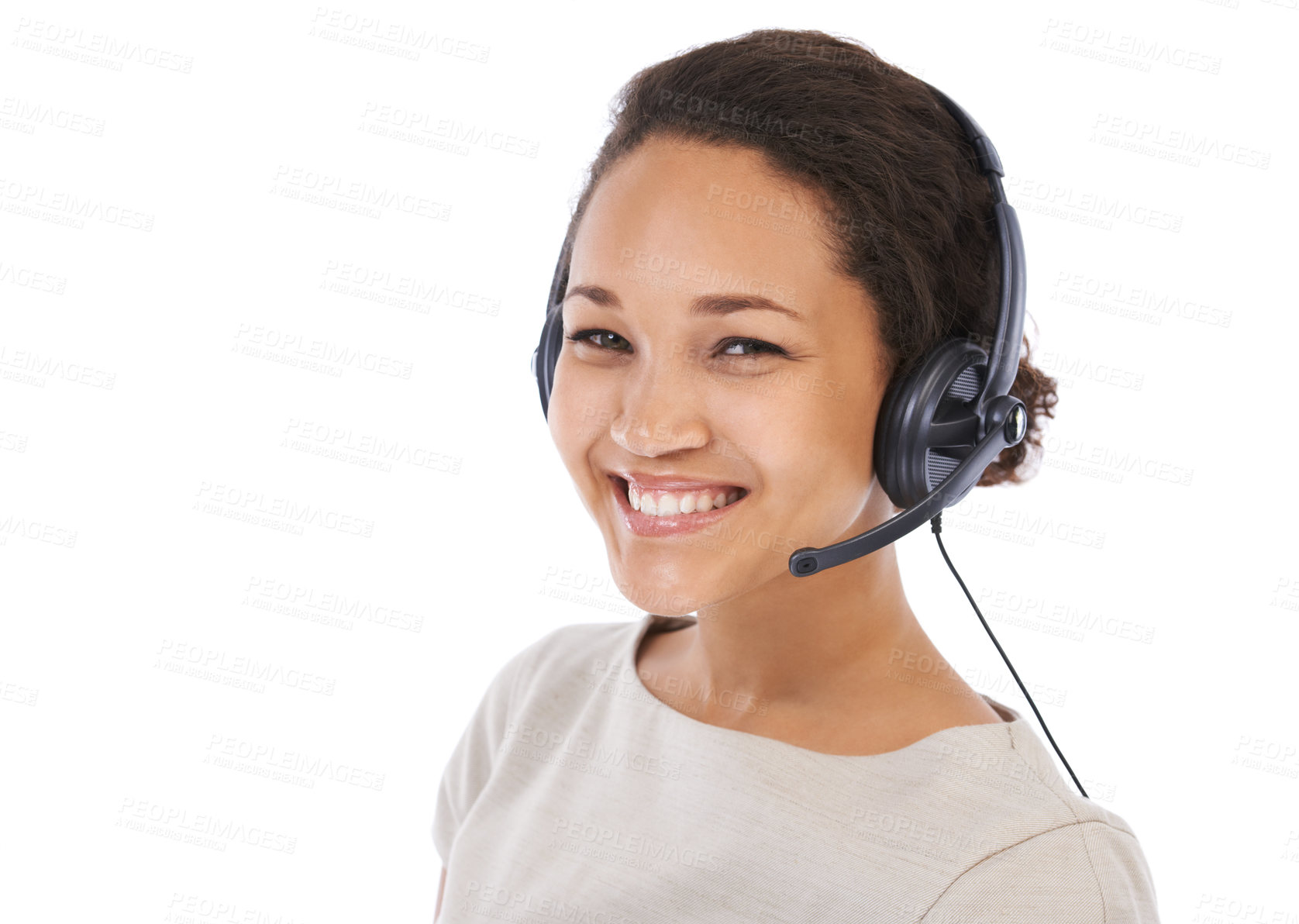 Buy stock photo Crm, customer service and black woman portrait for contact us call center with a happy smile. White background, isolated studio and woman employee with headset ready for customer support work