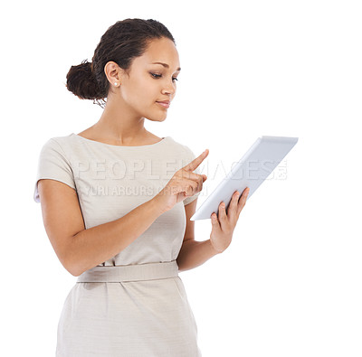 Buy stock photo Business woman, tablet and internet connection while isolated on white background for streaming online. Entrepreneur female online for communication, networking and marketing on social media platform