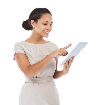 Buy stock photo Business woman, thinking and digital tablet in studio, professional and young against white background. Black woman, entrepreneur and working girl using online app for management, planning and email 