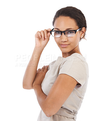 Buy stock photo Portrait, vision and glasses with a black woman in studio on a white background for prescription lenses. Eyes, eyewear and optometry with a female posing in spectacles for an eye test at the optician