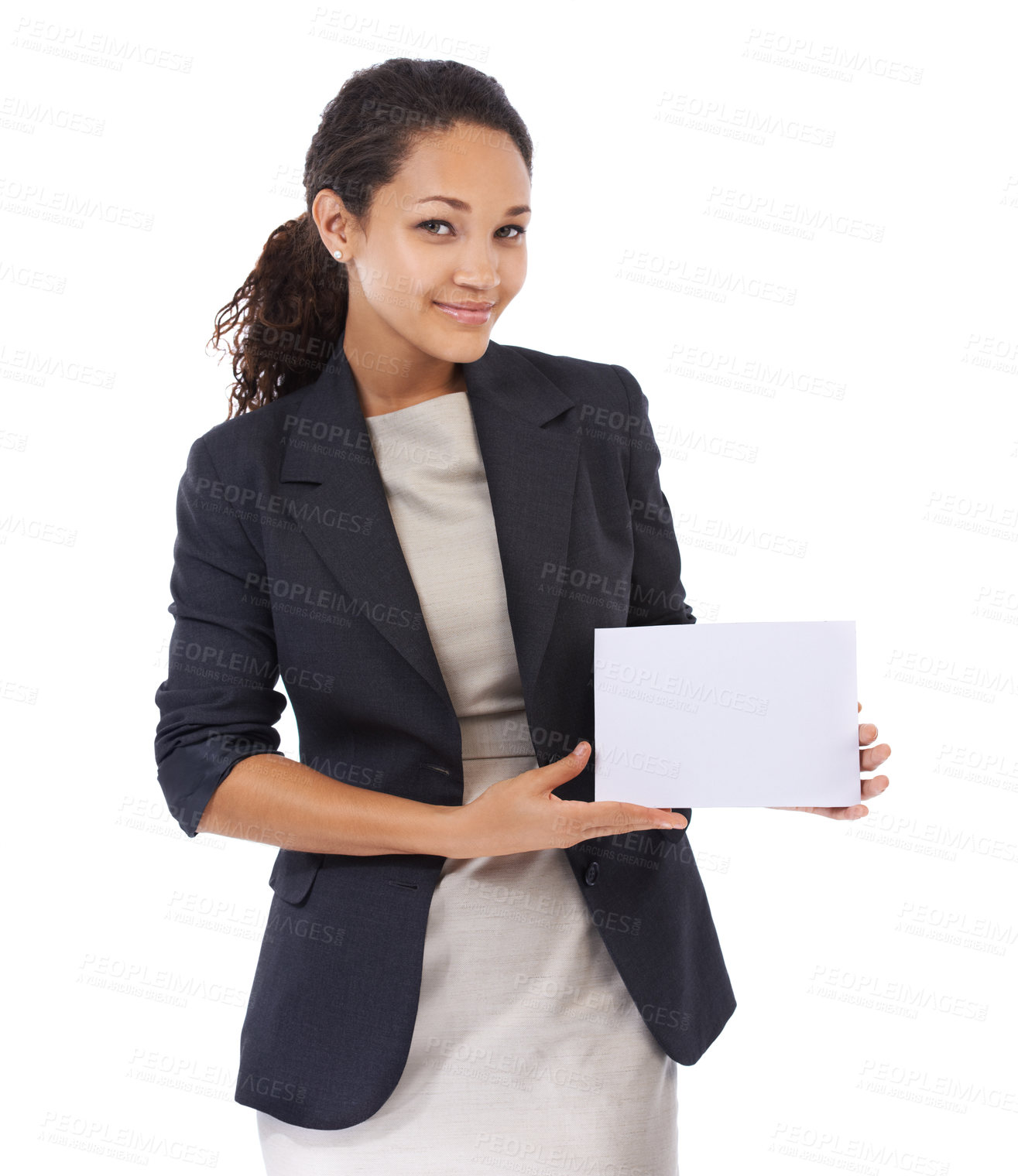 Buy stock photo Mockup, portrait and black woman with poster for marketing campaign or lady isolated on white studio background. African American female ceo, boss or entrepreneur with business sign, brand or placard