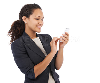 Buy stock photo Phone, studio and black woman typing business email, reading news or doing internet, web or online search. Website, smartphone user and corporate employee girl with digital mobile on white background