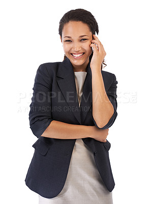 Buy stock photo Communication, phone call and portrait of a black woman feeling success from mobile conversation. White background, mobile phone and employee contact marketing career with happy smile and studio