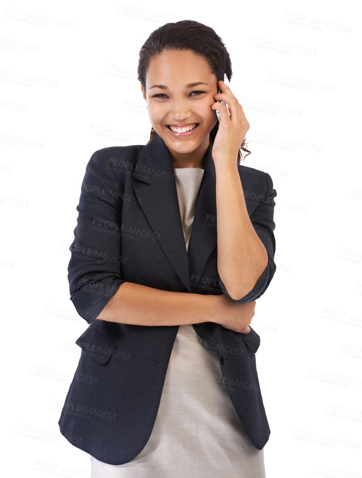 Buy stock photo Communication, phone call and portrait of a black woman feeling success from mobile conversation. White background, mobile phone and employee contact marketing career with happy smile and studio