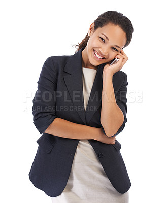 Buy stock photo Business woman, phone call and portrait of a woman feeling happy about mobile conversation. White background, isolated and black woman making job contact for marketing vision and working smile