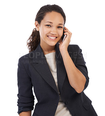 Buy stock photo Business call, phone and portrait of a black woman on mobile chat online with a smile. White background, isolated and employee with happiness from marketing success and mobile phone in studio