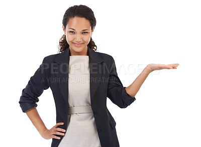 Buy stock photo Corporate, worker and portrait of woman with product placement for marketing with positive smile. Happiness, confidence and elegant black woman with mockup white background for advertising promo.