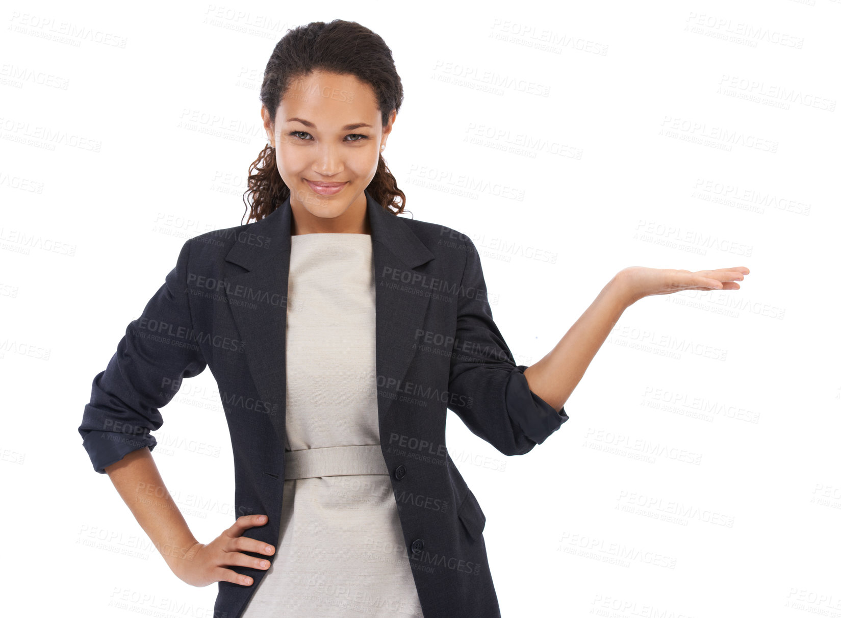 Buy stock photo Corporate, worker and portrait of woman with product placement for marketing with positive smile. Happiness, confidence and elegant black woman with mockup white background for advertising promo.