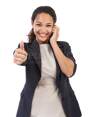 Buy stock photo Portrait, business and black woman with thumbs up, phone call and employee isolated on white studio background. African American female, lady and ceo with smartphone, achievement and company success