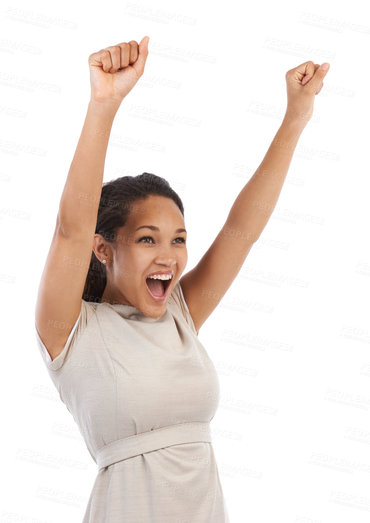 Buy stock photo Business, celebration and excited black woman with arms up and white background mockup. Wow, win and celebrate, happy winning woman with smile, empowerment and happiness, celebrating deal success.