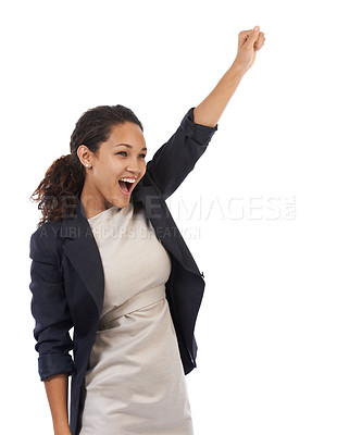 Buy stock photo Success, celebration and business woman with arm up and white background mockup. Wow, celebrate and happy successful corporate black woman with smile, empowerment and happiness, celebrating new deal.