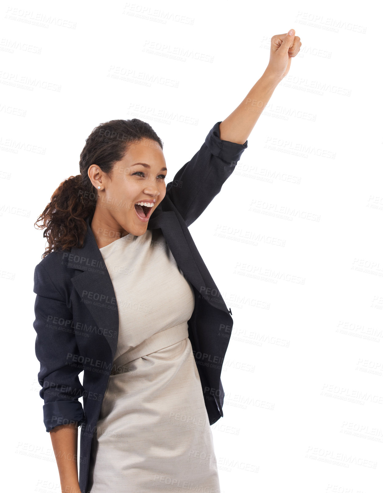 Buy stock photo Success, celebration and business woman with arm up and white background mockup. Wow, celebrate and happy successful corporate black woman with smile, empowerment and happiness, celebrating new deal.