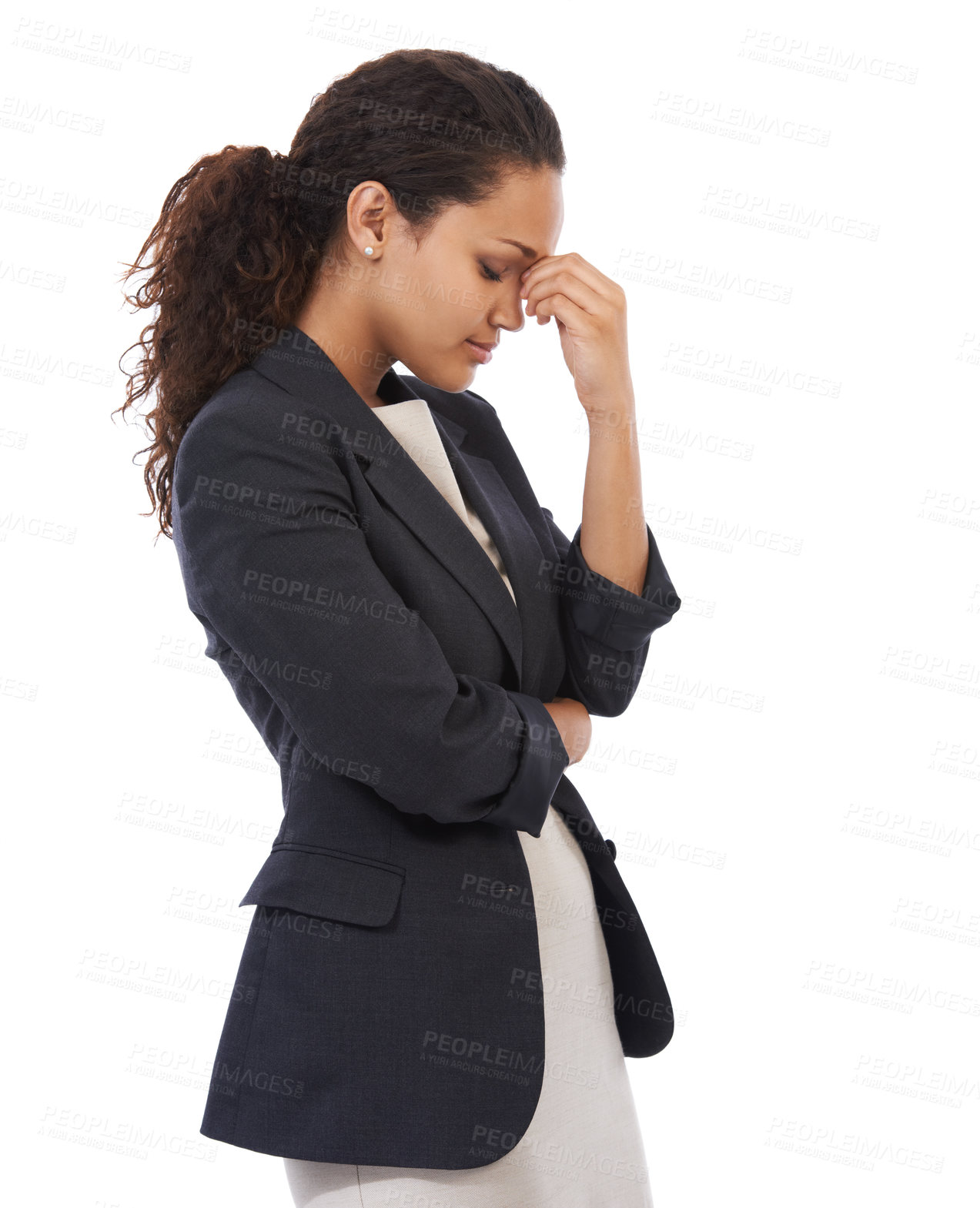 Buy stock photo Tired, anxiety and work stress of a black woman business worker with headache and white background. Corporate worker, isolated and vertical mockup of a entrepreneur frustrated about job fail 