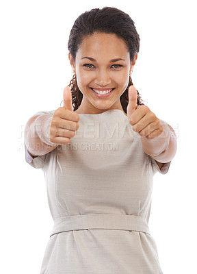 Buy stock photo Thumbs up, satisfaction and portrait of happy black woman with emoji gesture for congratulations, job well done or winner. Agreement, finished and studio girl with yes hand sign on white background