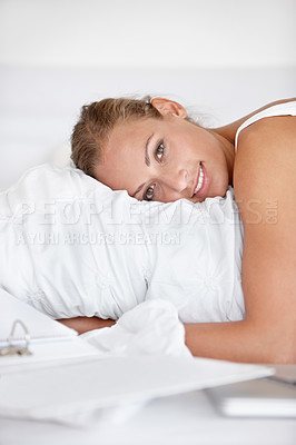 Buy stock photo Bed, pillow and portrait of woman to relax in home with happiness from casual or remote work. Morning, bedroom and calm person hugging duvet with a smile for comfort in apartment with project