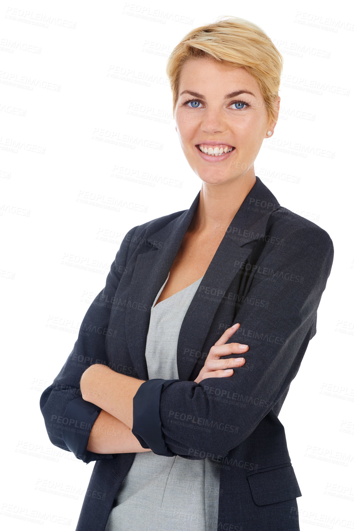 Buy stock photo White background, portrait or happy businesswoman with arms crossed for company development. Isolated in studio, smile or face of a proud financial advisor, CEO or female manager ready to start job