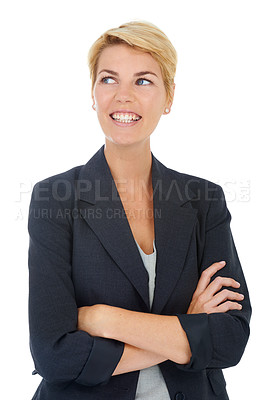 Buy stock photo Business woman in studio, thinking with arms crossed and inspiration for professional startup solution. Confidence, planning and happy consultant with creative development idea on white background.