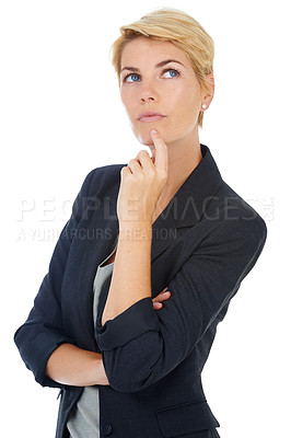 Buy stock photo A young businesswoman looking thoughtful with her hand on her chin