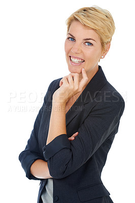 Buy stock photo Portrait of business woman in studio with smile, confidence and inspiration for professional startup career. Opportunity, planning and face of happy consultant with expert idea on white background.