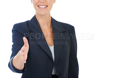 Buy stock photo Businesswoman, handshake offer and interview in studio, recruitment and welcome to company. Female person, hiring manager and hr employee by white background, meeting and smiling for onboarding