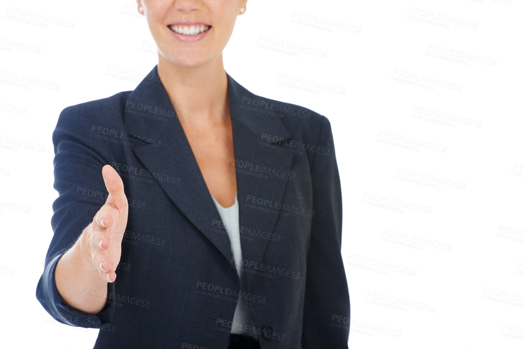 Buy stock photo Businesswoman, handshake offer and interview in studio, recruitment and welcome to company. Female person, hiring manager and hr employee by white background, meeting and smiling for onboarding